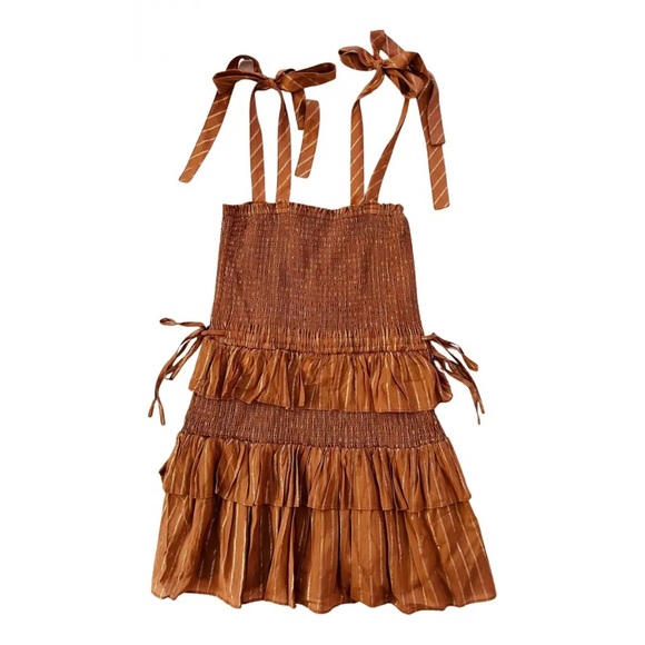 House of Harlow 1960 Dress Corinne Shirred Brown Ruffle Mini, Womens Size Large - Picture 4 of 12